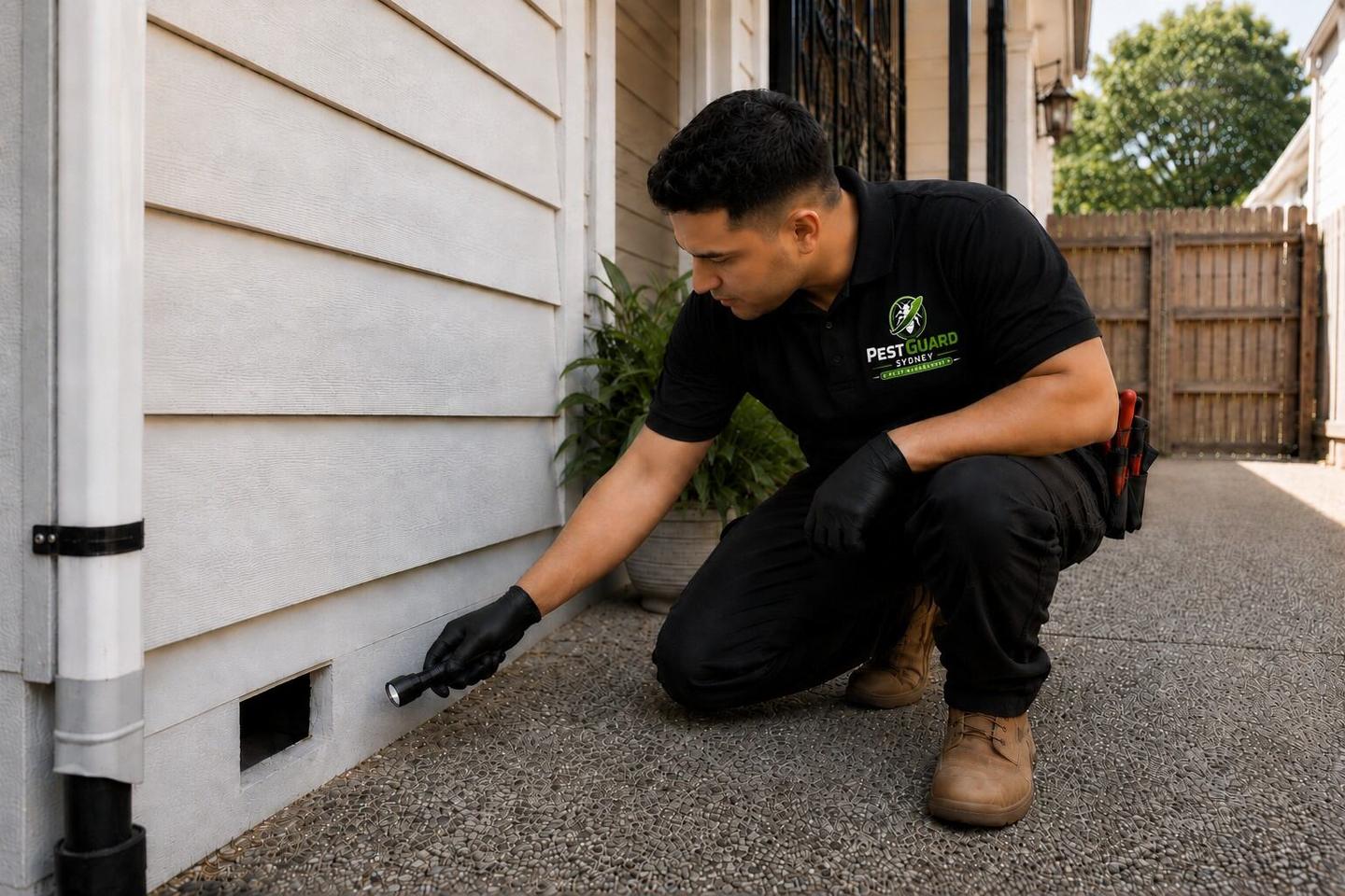 PestGuard Sydney technician inspecting the exterior of a home for pests with a flashlight